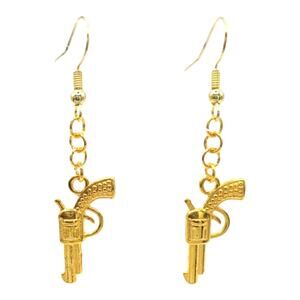 Western Revolver Earrings Gold Tone Pistol Dangles